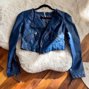 Free People cropped asymmetrical faux leather jacket navy blue size 4 NWOT